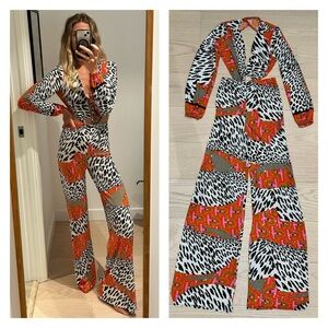 Handmade Leopard Zebra Print Cut Out Festival Wide Leg Palazzo Jumpsuit